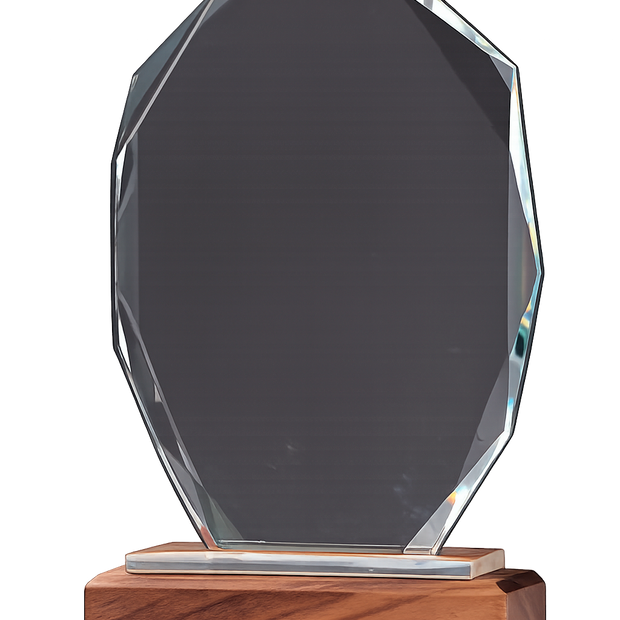 PLACA CRISTAL ESCUDO BASE MADERA "OLIVIER" 22x13 cm SUBLIMABLE